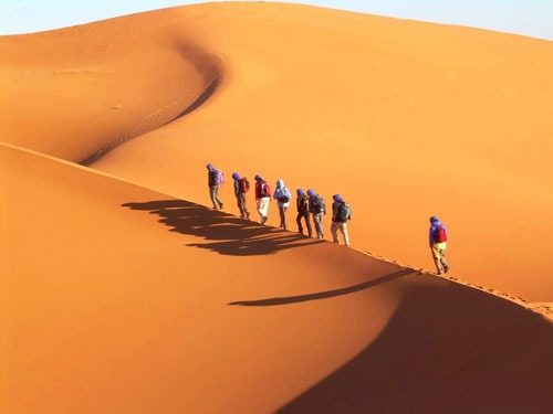 Reisegruppe auf Düne in Wüste