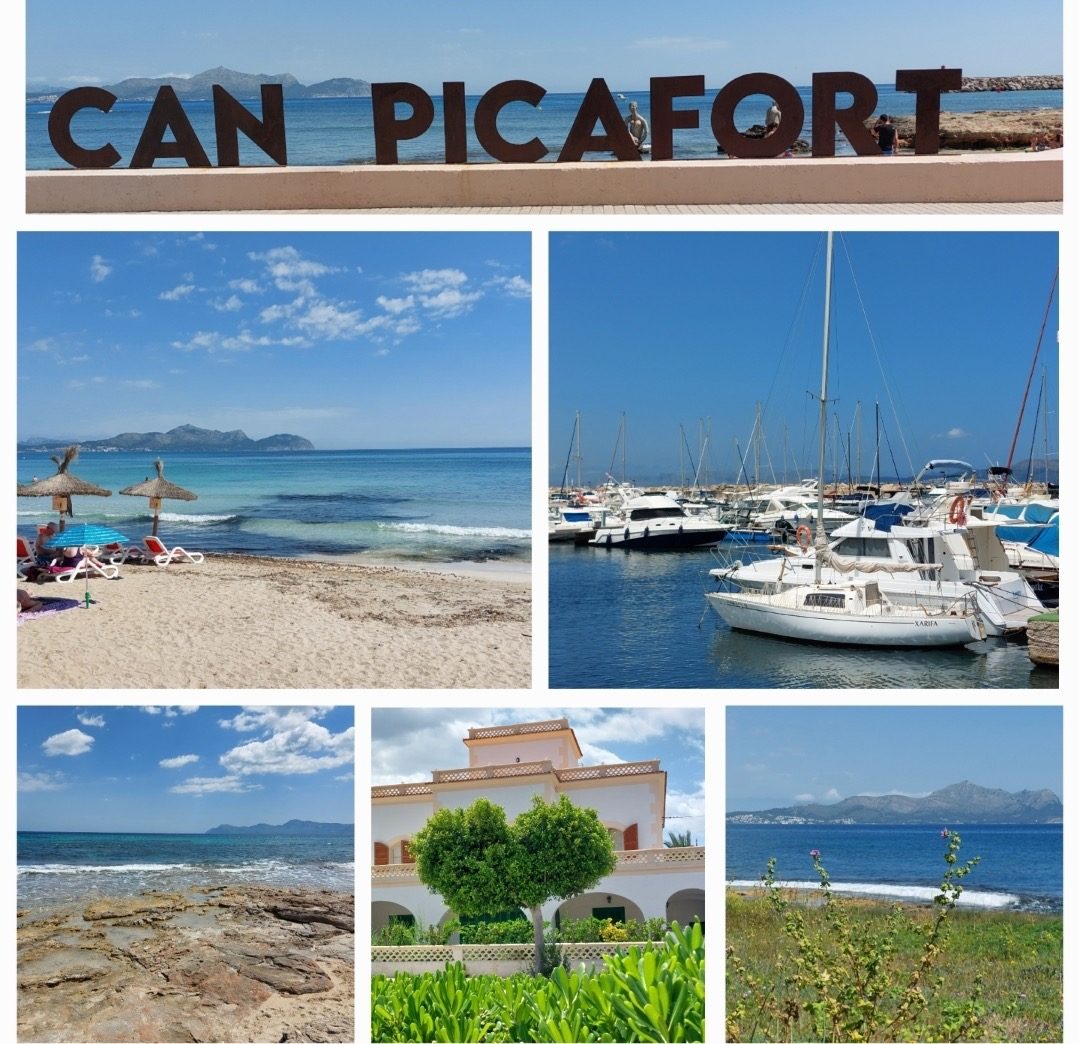 Collage aus sechs Bildern, die den Ort Can Picafort und die mediterrane Umgebung zeigen